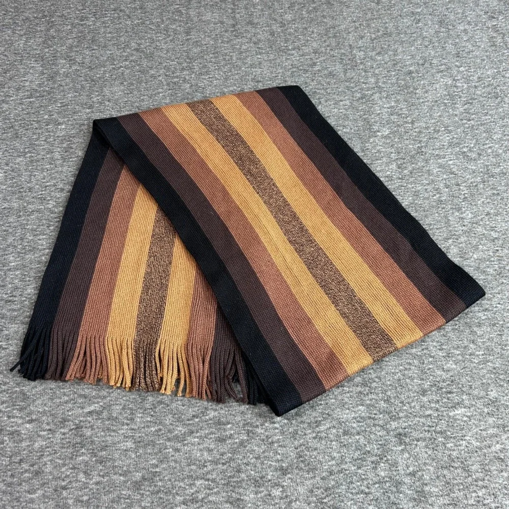 Bachrach Mens Wool Scarf Made in Germany Striped Black Brown Tan Fringed